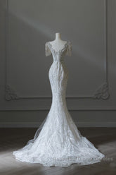 Unique Mermaid Square Neckline Short Sleeves Wedding Dresses White Brides Dress